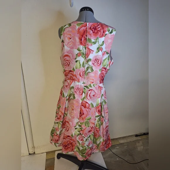 Pink and Green Floral Midi Dress With Satin Lining & Toule In Skirt Size L - Picture 5 of 7